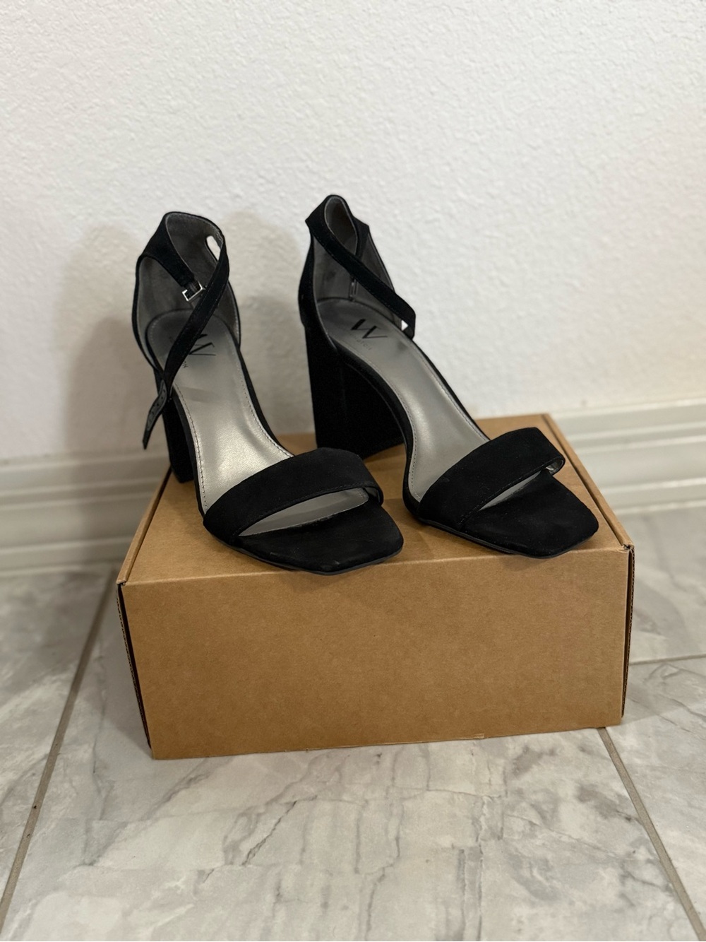 Women's Black Suede Block Heel Ankle-Strap Sandals